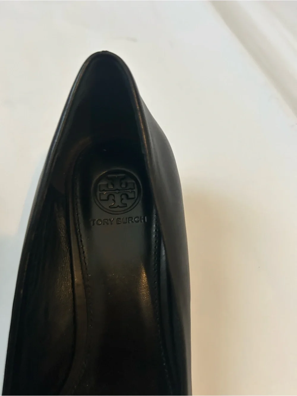 Tory Burch Leather Wedge Classic Black Shoe with Cream Cap Toe Gold Logo Accent
